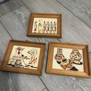 Set of 3 Vintage Southwestern Tribal Sand Art Yei Dancers Eagle Dance Pottery